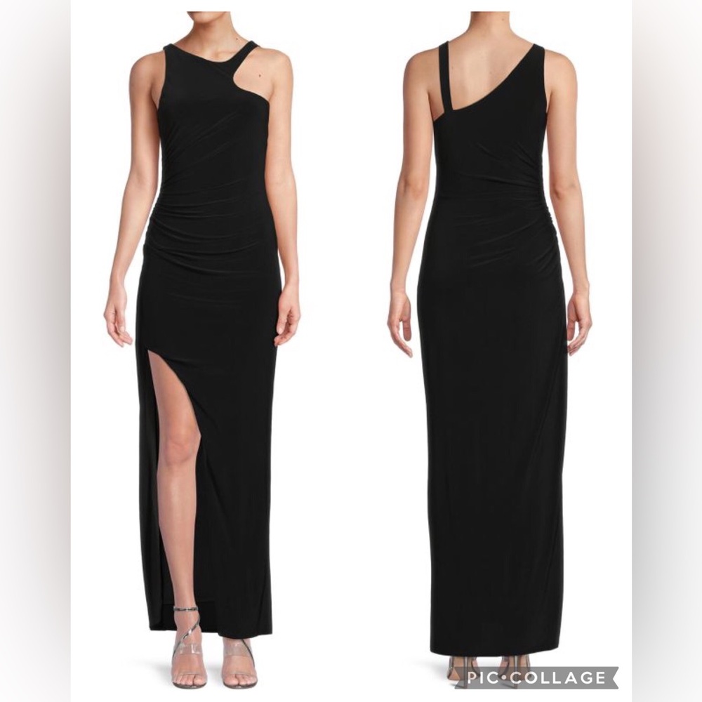 BCBG Black Ruched Asymmetric Column Long Maxi Dress